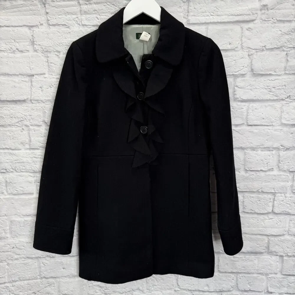 J.Crew Women's Black Wool Blend Ruffle Front Coat Jacket Size 2 Classic Button